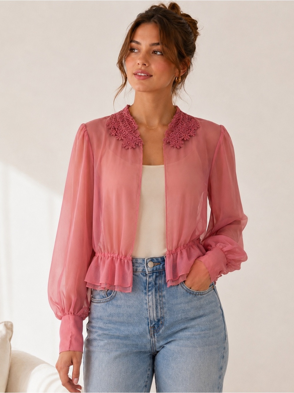 Pink Dusty Rose Sheer Lace-Collar Peplum Open Cardigan Size S Cottagecore